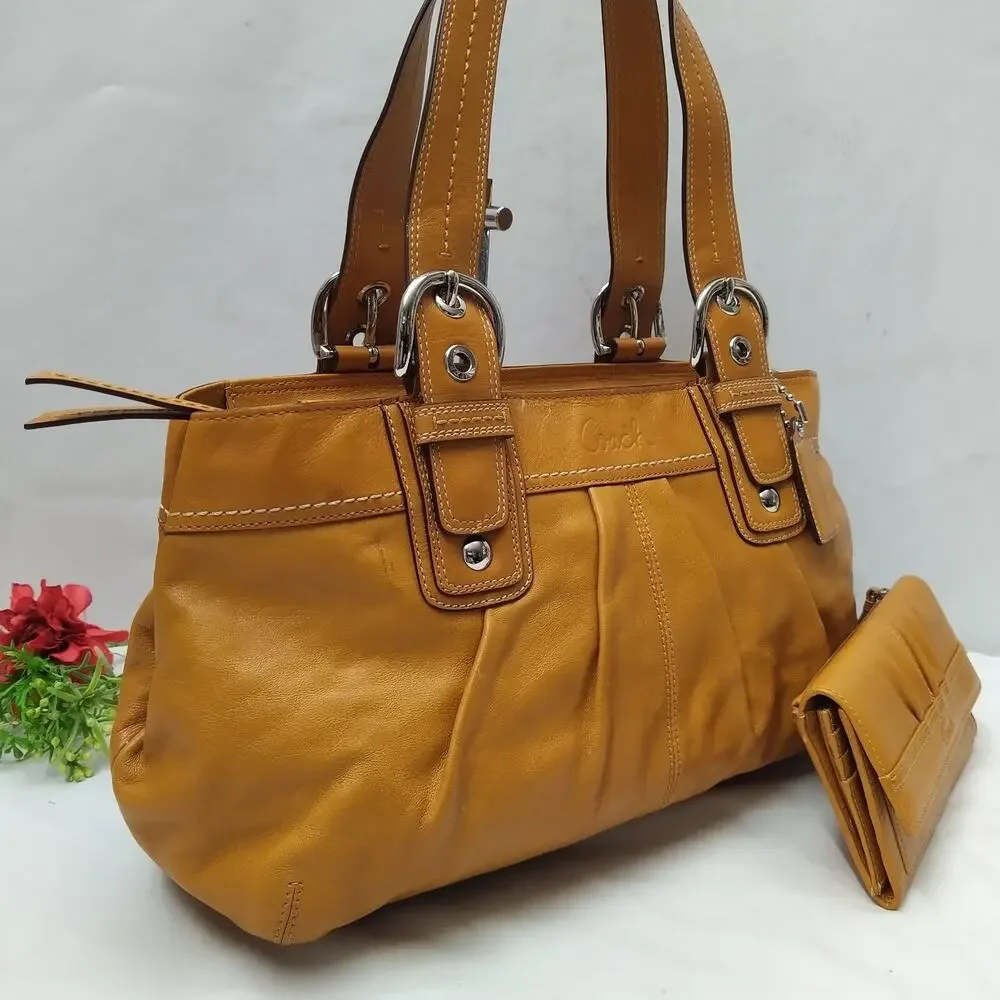 Coach Soho Murstar Yellow Leather Double Handle Tote Bag W/ Matching Wallet